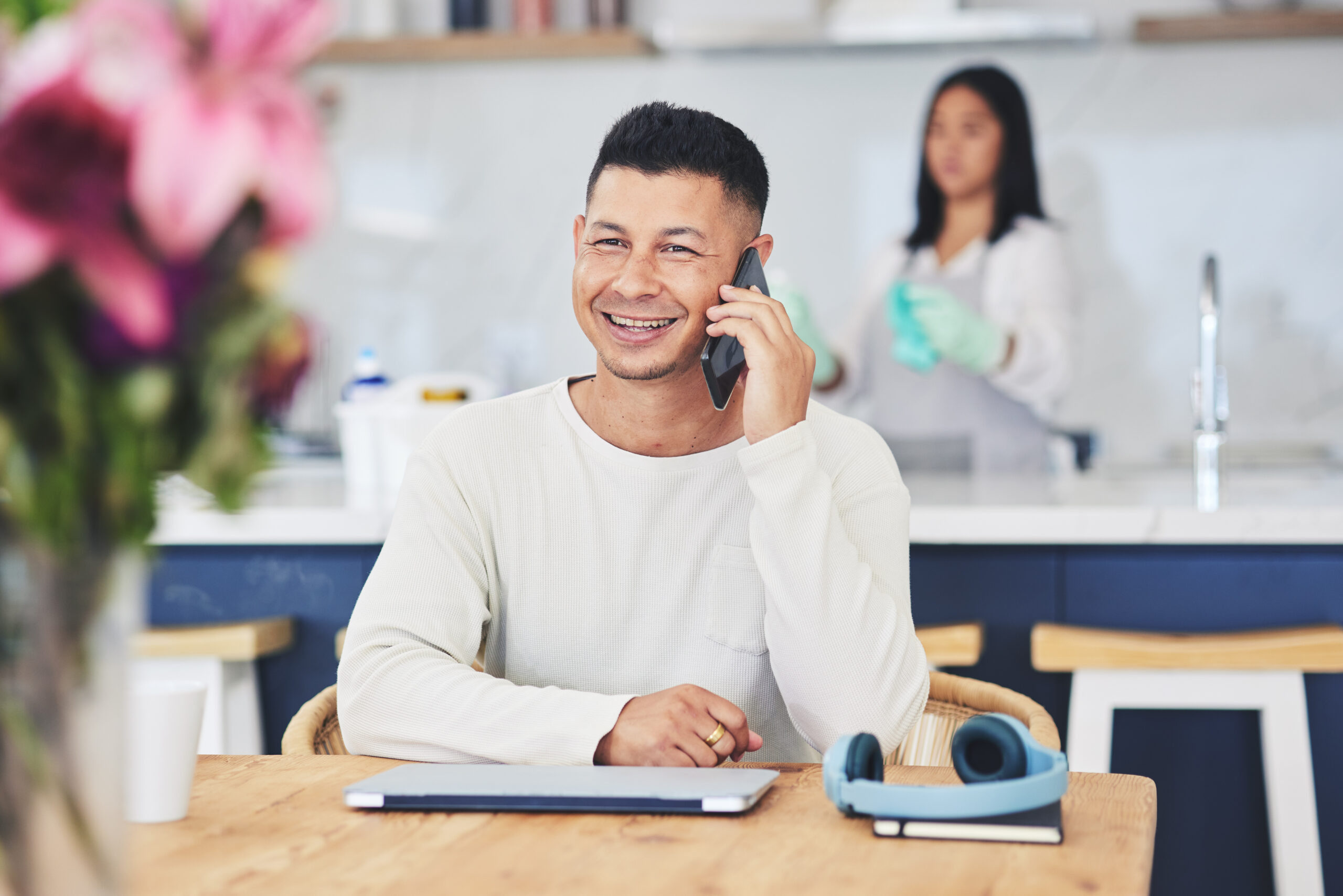 phone call happy and man for remote work with lap 2023 11 27 04 58 02 utc